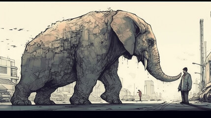 Fototapeta premium Digital painting of an elephant with a man walking in the background.