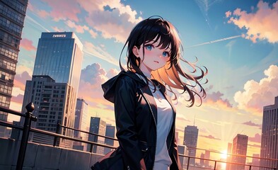 a rooftop of the city building in the sunset, a cute korean girl, japanese animation style. generative AI - obrazy, fototapety, plakaty