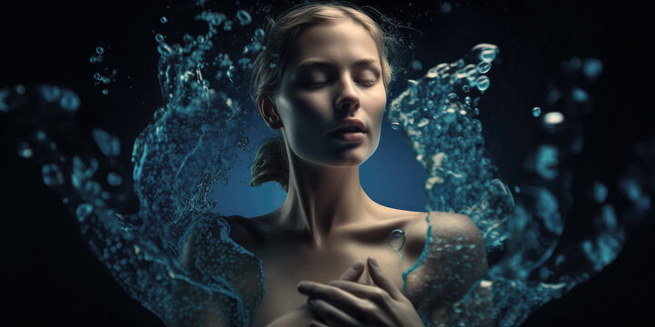 Blonde Frau umgeben vom klaren reinem Wasser, Studio Fotografie, Generative AI