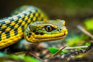 Fototapeta premium Dendrophila yellow-ringed boiga snake close-up of an animal attacking. Generative AI