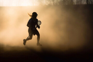 Silhouette of a Woman Lacrosse Player Running on the Lacrosse Field with Backlight, Generative AI - 590629345