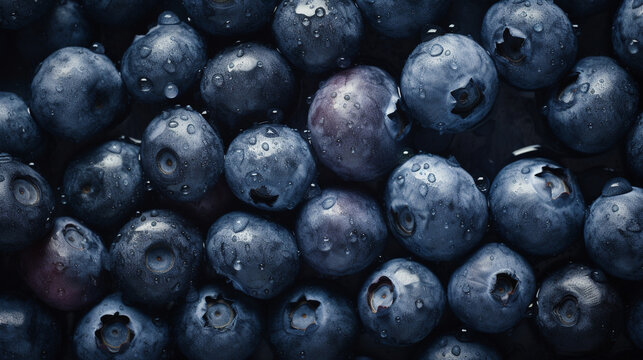 Glistening Fresh Blueberries from Top-Down View. High-End Food Photography. Generative AI
