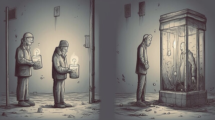 Illustration of a man asking for money with a candle in his hand - obrazy, fototapety, plakaty