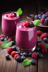 Delicious Berry Smoothie in Glass, Garnished with Fresh Fruits on a Welcoming Table - Generative Ai