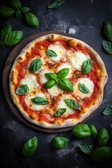 Freshly-Baked Margherita Pizza with Vibrant Basil Leaves Topping in 100 Characters - Generative Ai
