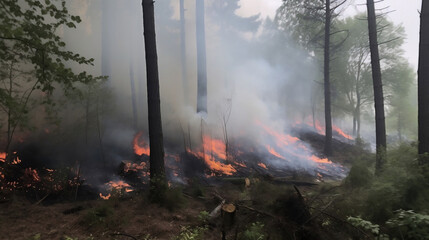 Waldbrand mit Bäumen im Feuer. Generative ai