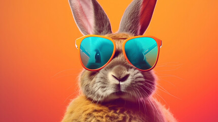 Plakat Cool bunny with sunglasses on colorful background. Generative ai