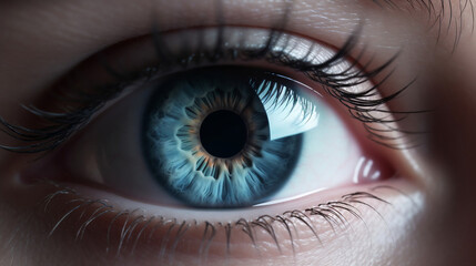 Fototapeta na wymiar Human blue eye realistic beautiful closeup zoom, created by. Generative ai