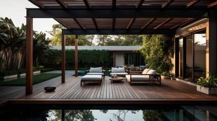 Interior design of a lavish side outside garden at morning, with a teak hardwood deck and a black pergola. Scene in the evening with couches and lounge chairs by the pool. Generative ai