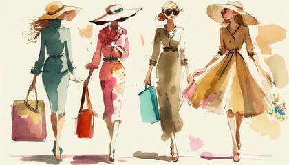 Women with handbags in elegant dresses in watercolor style by Generative AI