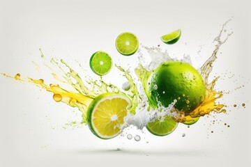 White background with an isolated fresh lime fruit and a splash of juice. Generative AI