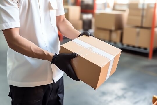 Male warehouse worker holding the package box in a warehouse storage. Generative AI