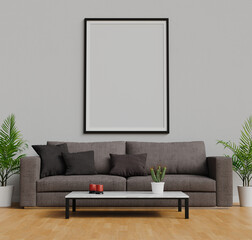 Poster mockup framed on the wall above a sofa in a living room