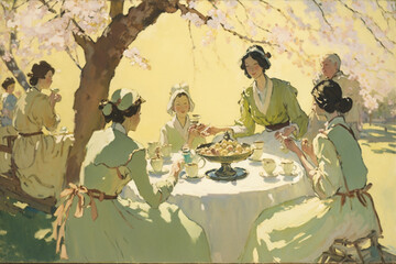 Spring Garden Tea Party Wash Painting
