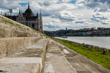 Fototapeta na wymiar Stairs along the river Danube in Budapest