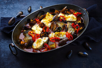 Traditionelle französische Meeresfrüchte Bouillabaisse mit Kabeljau und Muscheln in Rotwein-Tomatensauce, serviert als Draufsicht in einer rustikalen Kupfer Kasserole