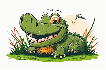 Fototapeta premium An illustration in cartoon form of a little, contented crocodile on the grass against a white background. Generative AI