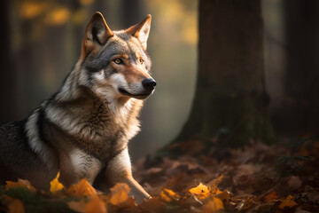 Wolf in autumn forest - Generative AI