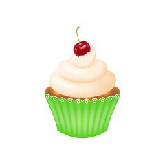 Vanilla cupcake with white frosting, cherry, and green wrapper. Isolated on white background.