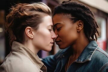 Fototapeta na wymiar Mature lesbians embracing together in a park. Generative AI