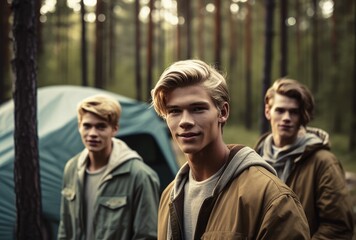 Handsome young man posing in front of a tent with a group of male and female mountaineers in a northern forest. Generative AI