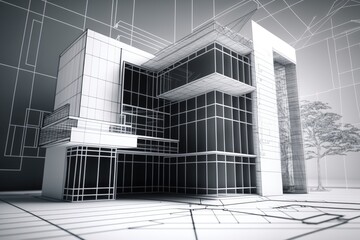 a wireframe layout is used in an architectural drawing. Generative AI