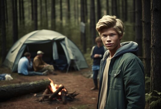 Handsome young man posing in front of a tent with a group of male and female mountaineers in a northern forest. Generative AI