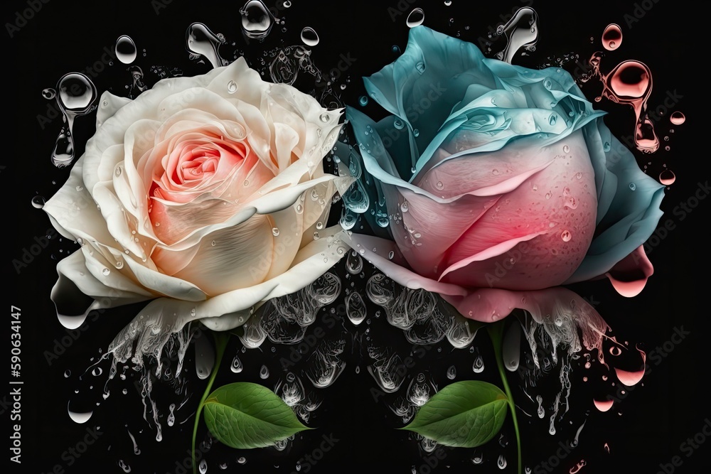 Sticker pink and white roses with water drips. The Ultimate Viewpoint. Generative AI