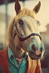 Horse portrait in 60s style, vintage style illustration, Generative AI