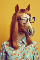 Horse portrait in 60s style, vintage style illustration, Generative AI