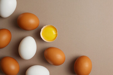 fresh farm chicken eggs on a colored background