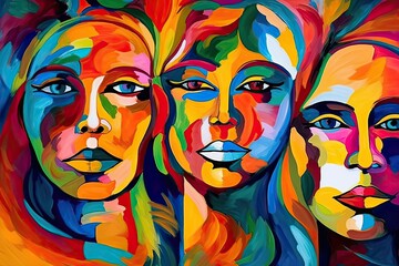Fototapeta na wymiar three women with multi-colored faces in a vibrant painting. Generative AI