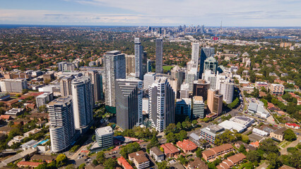 Aerial drone view of Chatswood CBD in the Lower North Shore of Sydney, NSW Australia on a sunny morning in April 2023 