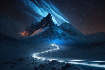 A snow covered mountain with a blue light trail going through it - generative ai