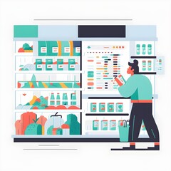 Flat art of futuristic grocery shopping store and people buying groceries in minimalistic art style created with Generative AI Technology.