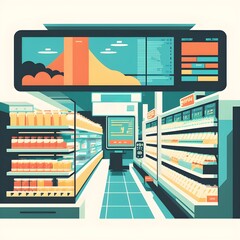 Flat art of futuristic grocery shopping store and people buying groceries in minimalistic art style created with Generative AI Technology.