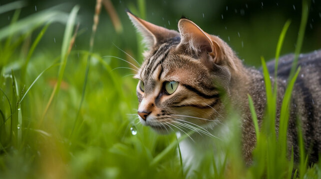 A cute adorable cat in the rain.