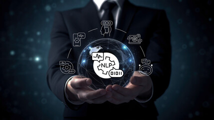 The Future of Language: Man Holding Globe with Natural Language Processing Icons. Connecting the Globe with Natural Language Processing. The Power of Language and Technology.