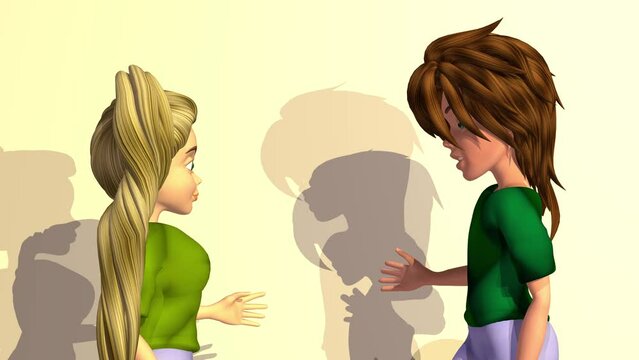 3d animation, two cartoons characters talking in front of a white wall