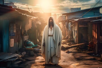 KI generated,  Jesus walks in the slums of Brazil - obrazy, fototapety, plakaty