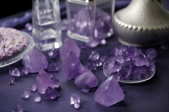 spa still life with purple crystals. Generative AI image.