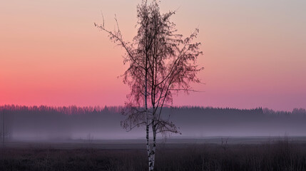 sunrise in the fog with birch tree. Generative AI image.