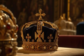 Many Royal golden crowns with jewels. Symbols of United Kingdom monarchy. Generative AI.