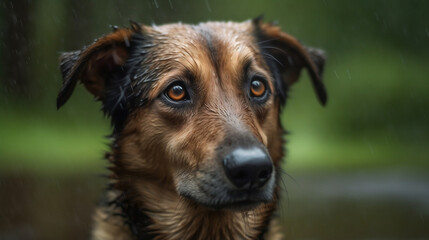 A cute adorable dog in the rain.