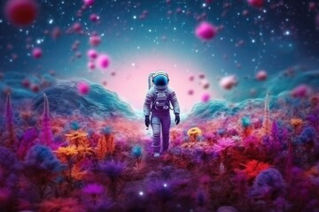 Fototapeta na wymiar An astronaut strolls through a field full of colorful flowers - AI Generated