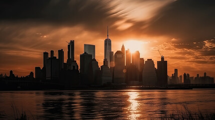 sunset over the city in new york created with Generative AI technology