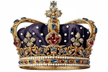 Crown Jewels of the United Kingdom on white background. . Ceremony of crowning the king Charles III. Symbols of United Kingdom monarchy. Generative AI