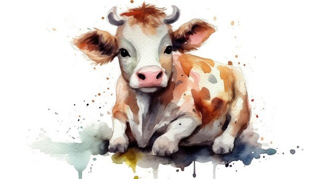 Watercolor cute cow white background with generative ai