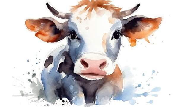 Watercolor cute cow white background with generative ai
