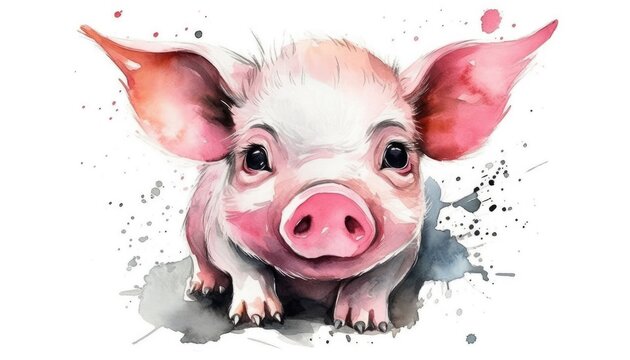 Watercolor cute pig white background with generative ai